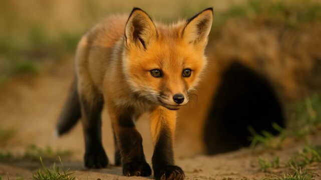 Close-up of a young red fox walking towards the camera in a natural outdoor setting with soft warm light illuminating its fur and creating a tranquil environment near its den