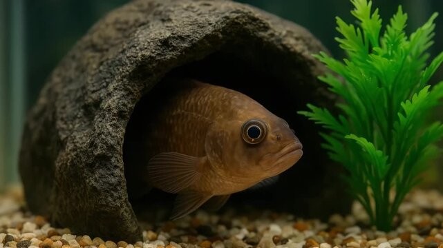 Close-up of a brown fish peering from a rocky cave in an aquarium with green aquatic plants and pebbled substrate showcasing its curious expression in clear filtered light