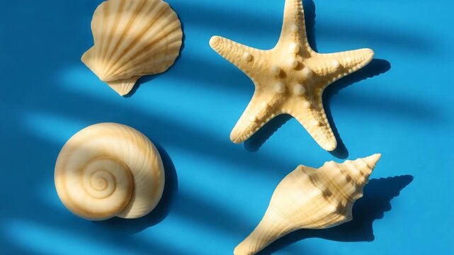 Close-up view of various seashells including a starfish scallop and spiraled shell arranged on a bright blue background with soft natural light creating subtle shadows