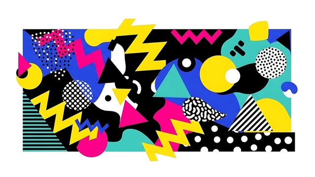 Vibrant abstract design featuring bold geometric shapes, dynamic patterns, and bright contrasting colors, creating a playful retro aesthetic