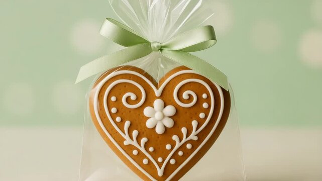 Close-up of a decorated gingerbread heart cookie with intricate white icing design packaged in a clear bag with a soft green ribbon against a blurred light green background