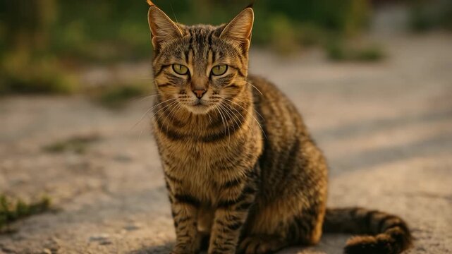 Tabby cat sitting calmly on a sunlit pathway showcasing its distinct coat patterns and bright eyes as it gazes ahead in a natural outdoor environment with soft shadows and warm tones.