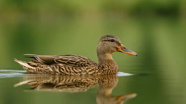 Graceful female mallard duck swimming smoothly across a serene reflective pond with soft natural lighting and rich green background captured in close-up shots showing intricate feather patterns