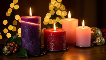 Festive Christmas Candle Arrangement with Colorful Pillars and Seasonal Decor