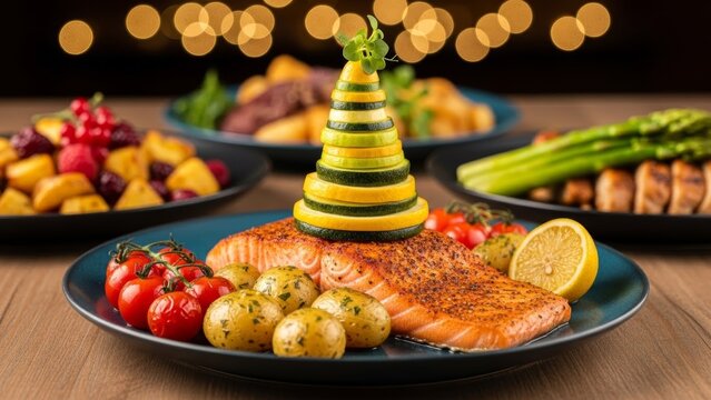 Festive holiday dinner featuring baked salmon with vibrant vegetable garnishes