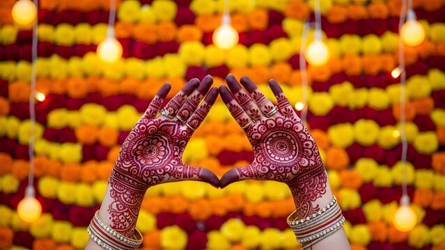 Woman's hands with henna forming a heart shape against a vibrant floral and light string background