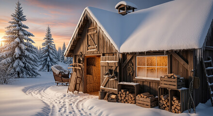 Snow covered hayloft in winter sunset, warm light glowing from wooden barn with firewood, sleigh and vintage skates, snowy forest around, cozy rural Christmas mood and rustic nostalgia