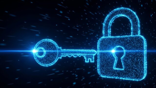 Digital security concept showcasing a glowing key and lock with futuristic