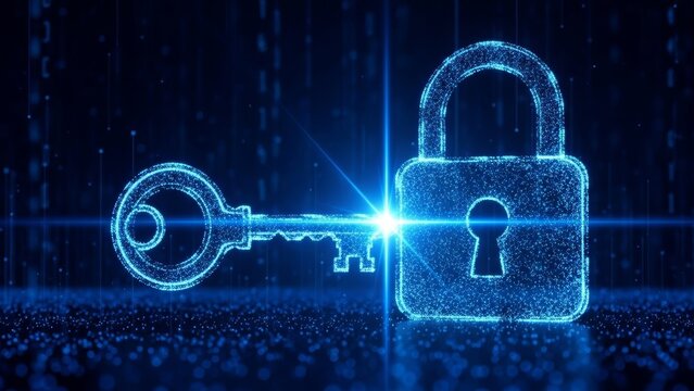 Digital security concept with glowing key and padlock in futuristic style
