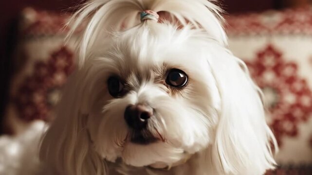 Close-up of a cute white Maltese dog looking around with a curious expression.