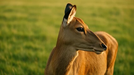Close-up of a young deer gazing in a green meadow as it turns its head side to side captured in soft natural light showcasing warm brown fur and a blurred grassy background.