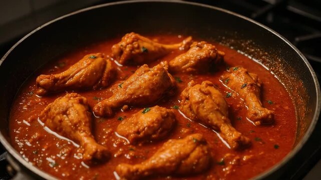 Fried chicken drumsticks simmering in rich spicy tomato sauce inside a skillet on a stove featuring glossy red sauce with herbs kitchen environment with dark textures