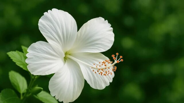 Close-up of a white hibiscus flower blooming with delicate petals and orange stamen against a blurred green background showcasing natural beauty in soft light