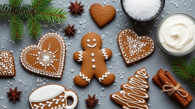 Festive holiday gingerbread cookies decorated with icing and spices for