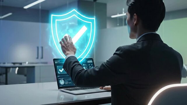 Cybersecurity professional working on laptop with digital shield and checkmark.