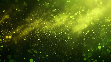 Abstract background of glowing green particles and sparkling dust. Magical bokeh light effect with a vibrant beam of light in motion