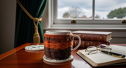Tea mug in knitted holder on wooden desk, steaming cup in cozy orange sweater sleeve by window, books, notebook and glasses, warm home office atmosphere, concept of comfort, focus and slow living