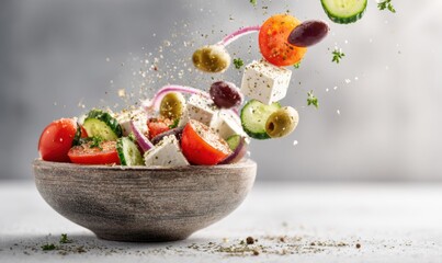 Fresh greek vegetable salad with tomatoes, cucumbers, onions, olives, and feta cheese in a wooden bowl.
