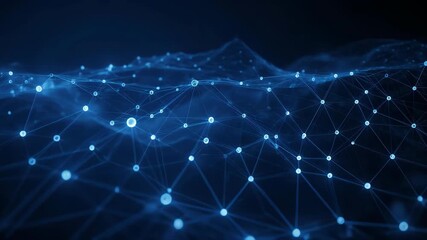 A dark blue digital art piece shows connected glowing nodes, suggesting data flow - Powered by Adobe