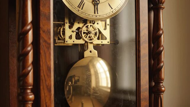Close-up of a Grandfather Clocks Pendulum and Mechanism.