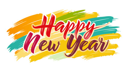 Happy new year handwritten text on colorful abstract brush stroke background festive celebration greeting