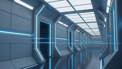 Obraz premium Futuristic Sci-Fi Corridor with Blue Neon Lights and Sleek Modern Design