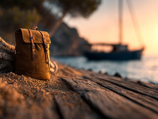 Stylish backpack rests on sandy beach at sunset, evoking sense of adventure and tranquility