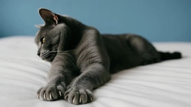Gray cat stretching on soft white bedding with a smooth blue backdrop close-up of paws and fur showcasing tranquil indoor comfort in soft natural light
