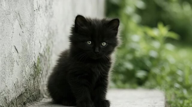 Fluffy black kitten sitting on a concrete surface with soft natural light surrounded by greenery and a blurred background showing slight changes in posture and gaze throughout the video.