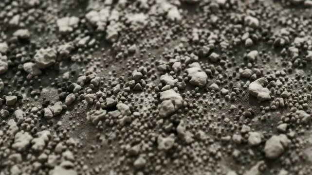 Close-up view of textured gray surface with uneven particles showing intricate details of rough and smooth patches under soft natural light highlighting organic shapes and patterns throughout the