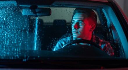 A young man in his 30s sitting inside his car during rain