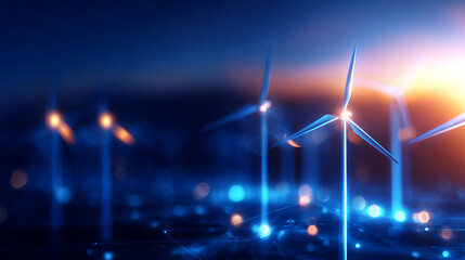 Wind energy infrastructure with advanced technology elements creates stunning visual at sunset