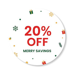 Fototapeta premium A gift-box inspired sticker in round shape with minimal Christmas icons, featuring bold Christmas discount text, a clean white background, modern layout, and festive colors suitable for ecommerce prom