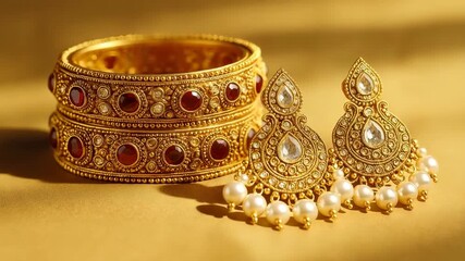 Close-up of traditional Indian gold jewelry featuring intricately designed bangles and pearl-studded earrings against a warm golden background with soft natural lighting highlighting the ornate