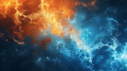 Abstract background of a colorful cosmic nebula in outer space. Glowing orange and blue gas clouds clashing among a field of stars. Futuristic science fiction wallpaper