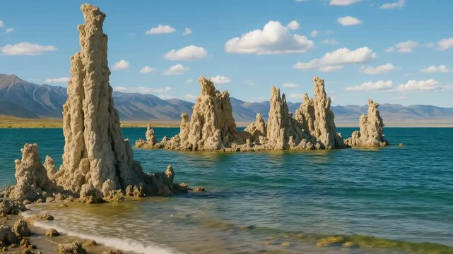 Scenic view of unique rock formations emerging from calm blue water under a bright sky with fluffy white clouds showcasing serene lake surroundings and the expansive mountain range in the background