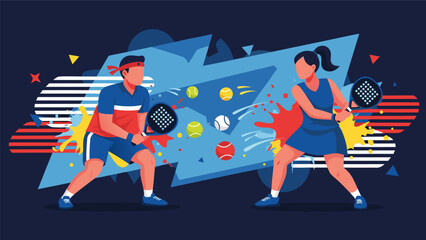 Dynamic Illustration of Two Individuals Engaging in a Competitive Padel Tennis Match with Energetic Movements and Graphics