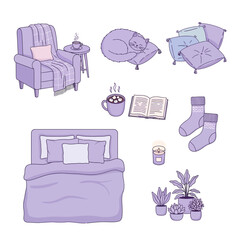 Purple themed cozy room illustration featuring armchair books and warm items set in tranquil mood