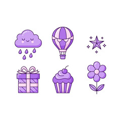 Whimsical pastel icons collection showcasing elements of nature, celebration and charm