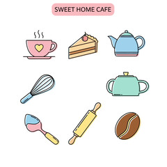 Charming cartoon illustrations of cafe elements evoking a cozy and welcoming atmosphere for