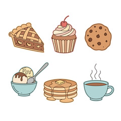 Stylized dessert assortment: cake, pie, cookies, ice cream and hot beverages illustration