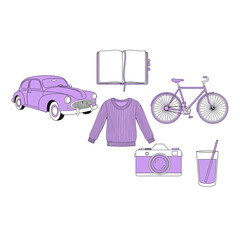 Delicate violet aesthetic: vintage car, journal, bicycle, sweater, camera, drink, minimalist line