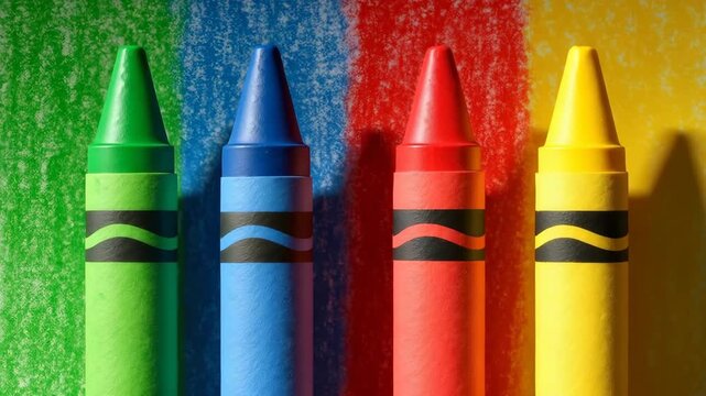 Close-up of colorful crayons in green blue red and yellow arranged in a row against vibrant chalk background showcasing smooth textures and bright colors with natural lighting