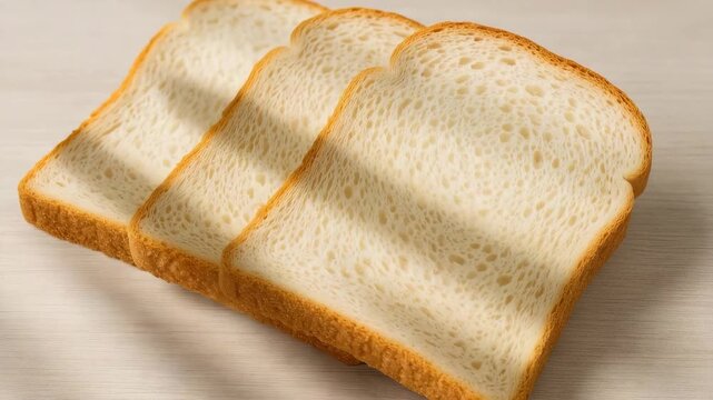 Three slices of soft white bread arranged on a light wooden surface showcasing close-up details of textures in soft natural light with subtle shadows across the slices in a well-lit kitchen setting