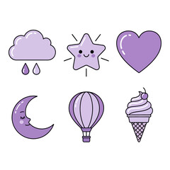 Whimsical pastel icons for childlike designs conveying joyful concepts like dreaming and sweetness