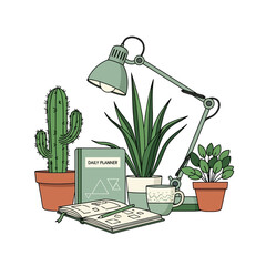Cozy workspace illustration with plants lamp and planner for focused productivity sessions