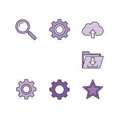 Depiction of cloud computing technology interface, search, gear, download, and favorites