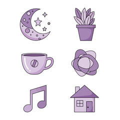 Serene lavender icons: a whimsical collection of everyday objects conveying peacefulness and