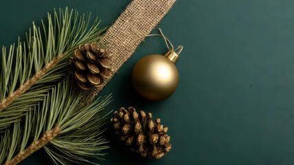 Elegant Christmas decoration with pine branch gold ornament and pine cones creating a festive holiday background for seasonal greetings - Powered by Adobe