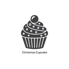 Christmas cupcake icon in black silhouette, festive dessert illustration with frosting and sprinkles isolated on white background vector design

